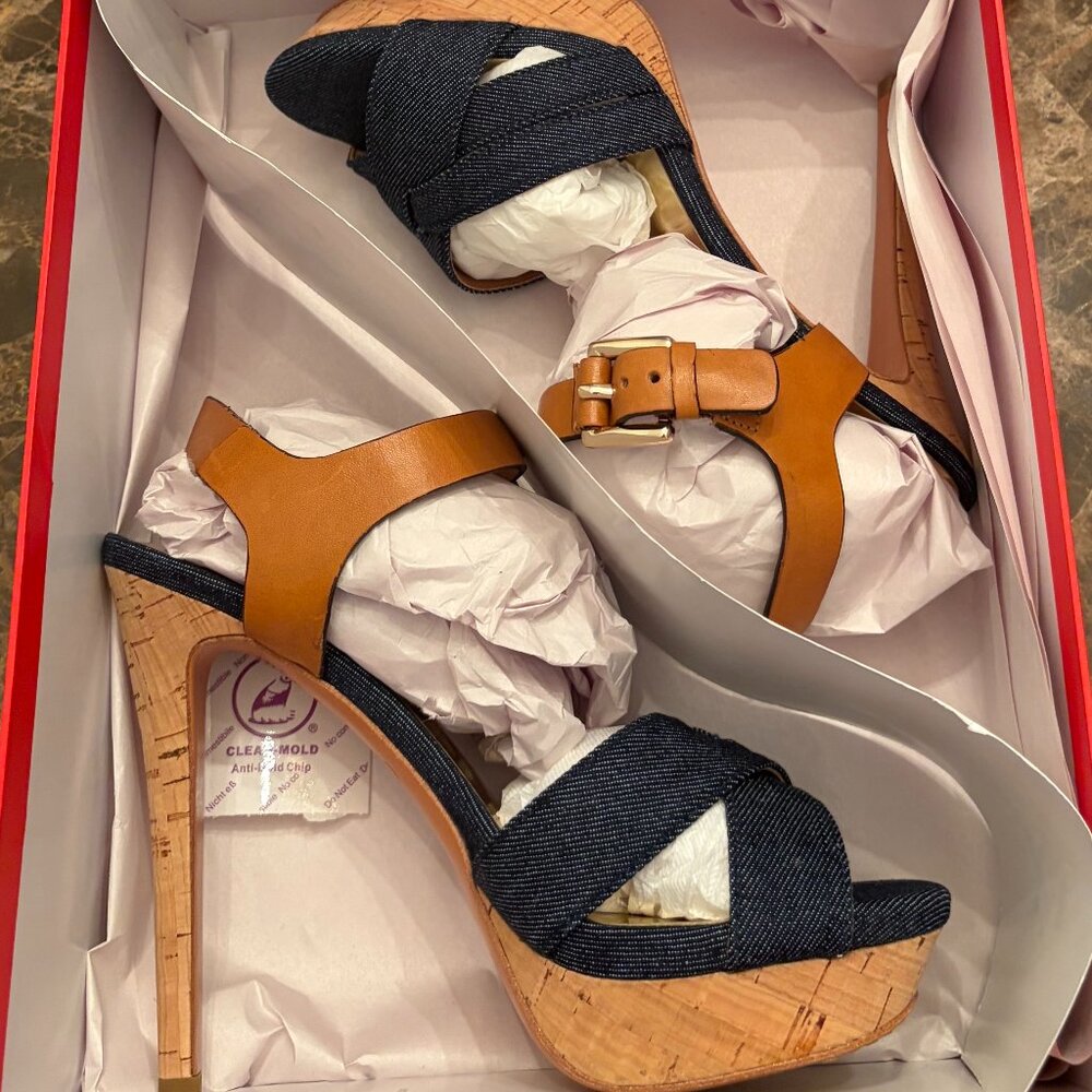 Coach Dani Denim/Vegan Leather Open-Toe Platform Heels (Size 5.5)